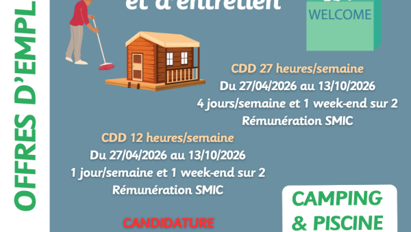 Offres d'emploi saisonnier, 2 agents d'accueil et d'entretien - Camping & Piscine de BERT